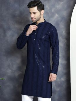 Jompers - Men Navy Blue Sequins Chikankari Embroidered Kurta