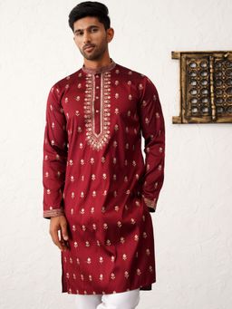 Jompers - Men Maroon Chikankari Embroidered Kurta