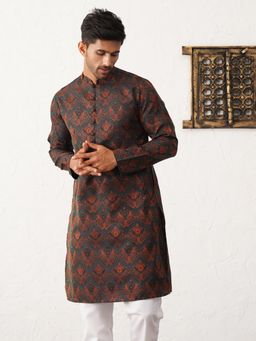 Jompers - Men Navy Blue Silk Blend Straight Kurta