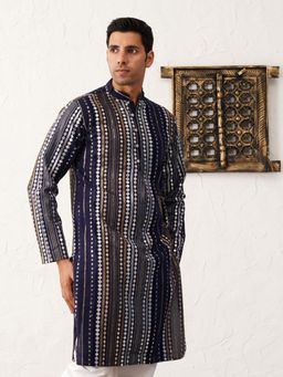 Jompers - Men Navy Blue Mirror Work Kurta