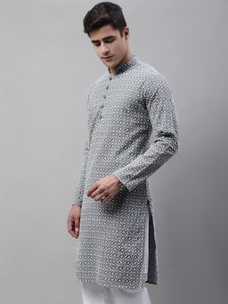 Jompers - Men Grey and White Embroidered Straight Kurta