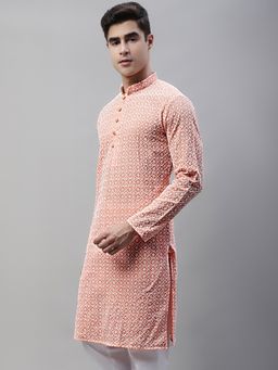 Jompers - Men Orange and White Embroidered Straight Kurta