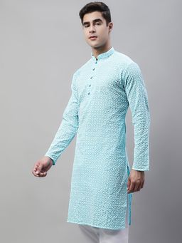 Jompers - Men Sky Blue and White Embroidered Straight Kurta