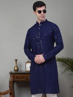 Jompers - Men Navy Blue Chikankari Embroidered & Sequin Kurta