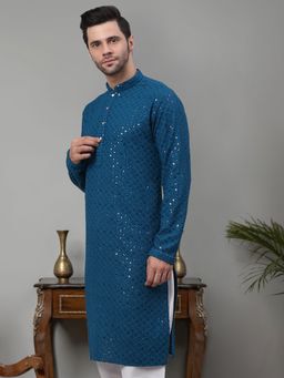 Jompers - Men Teal Chikankari Embroidered & Sequin Kurta