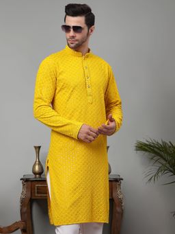 Jompers - Men Yellow Chikankari Embroidered & Sequin Kurta
