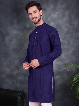Jompers - Men Navy Blue Chikankari Embroidered Kurta