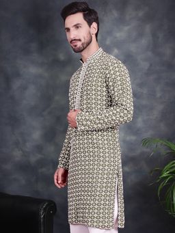 Jompers - Men Green Sequins Embroidered Kurta