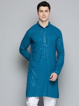 Jompers - Men Blue Chikankari Embroidered & Sequin Kurta