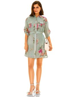 Pretty Pixie - Women Sage Green Floral Shirt Mini Dress with Belt