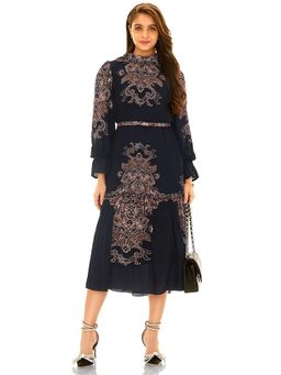 Pretty Pixie - Women Navy Blue Paisley Printed Kaitlyn Tubular Midi Dress with Belt