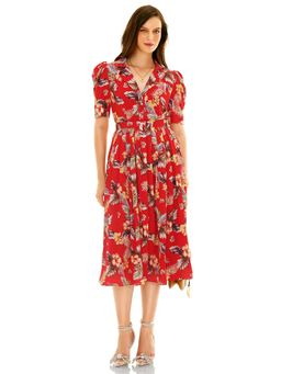 Pretty Pixie - Women Red Botanical Floral Printed Midi Dress with Belt