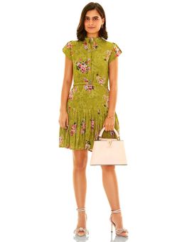 Pretty Pixie - Women Olive Floral Pleated Mini Dress with Belt