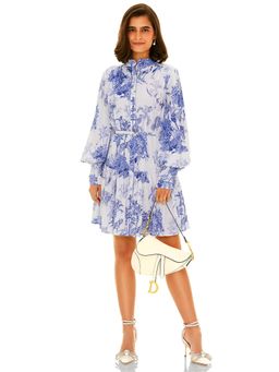 Pretty Pixie - Women Blue-White Floral Printed Tiered Mini Dress with Belt