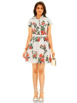 Pretty Pixie - Women White Rose Floral Printed Mini Dress with Belt