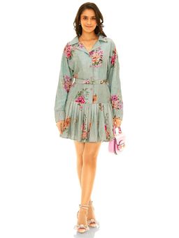 Pretty Pixie - Women Mint Green Floral Belted Pleated Mini Dress with Belt