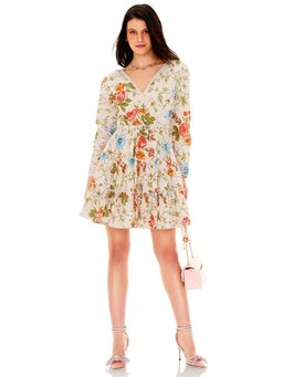 Pretty Pixie - Women Ivory Floral V-Neck Tiered Mini Dress with Belt