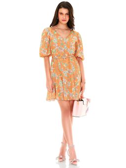 Pretty Pixie - Women Orange Floral Puff Sleeves Chiffon Mini Dress with Belt