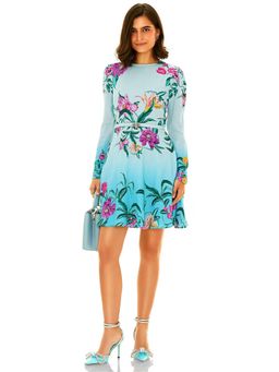 Pretty Pixie - Women Aqua Floral Printed Long-Sleeves Mini Dress with Belt