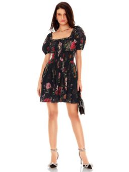 Pretty Pixie - Women Black Floral Printed Puff-Sleeves Smocked Mini Dress