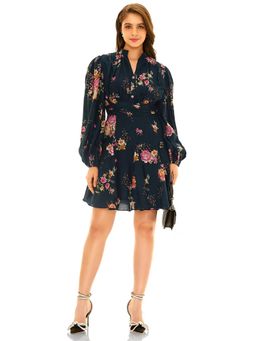 Pretty Pixie - Women Navy Blue Rose Floral Printed Mini Dress