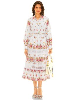 Pretty Pixie - Women White Floral Lace-Panel Shirt Midi Dress with Belt