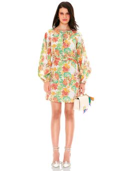 Pretty Pixie - Women Multi-Color Floral Printed Smocked Mini Cotton Dress with Belt