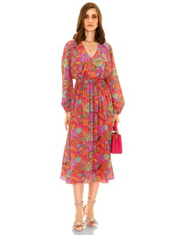 Pretty Pixie - Women Fuchsia Pink Paisley Printed V-Neck Smocked Midi Dress