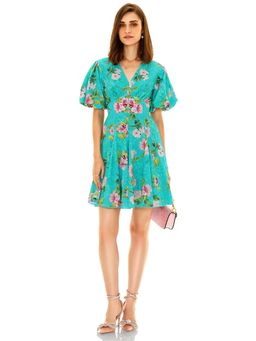 Pretty Pixie - Women Turquoise Floral Printed Puff-Sleeves V-Neck Mini Dress