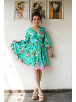 Pretty Pixie - Women Turquoise Floral V-Neck Lace-Hem Mini Dress