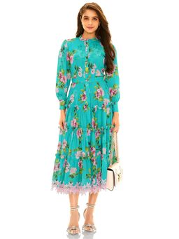 Pretty Pixie - Women Turquoise Rosalyn Floral Tiered Midi Dress with Belt