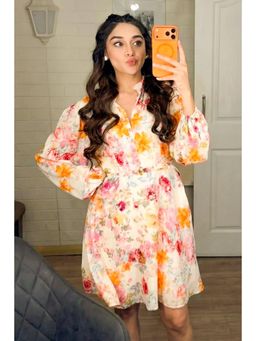 Pretty Pixie - Women Multi-Color Floral Printed Button Mini Dress with Belt