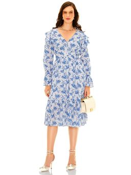 Pretty Pixie - Women Light Blue Toile Floral Ruffle Midi Dress
