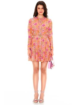 Pretty Pixie - Women Peach Blossom Floral Printed Mini Dress with Belt