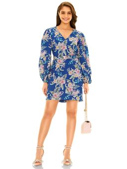 Pretty Pixie - Women Royal Blue Floral Printed V-Neck Mini Dress with Belt
