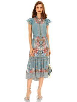Pretty Pixie - Women Dusty Blue Floral Printed Belted Midi Dress with Belt
