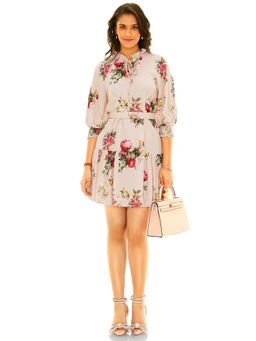 Pretty Pixie - Women Blush Pink Floral Printed Mini Dress with Belt