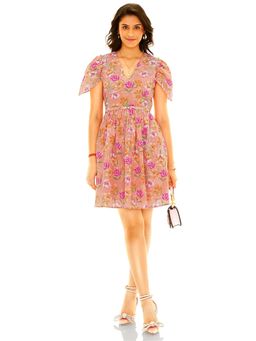 Pretty Pixie - Women Peach Blossom Floral Printed V-Neck Mini Dress with Belt
