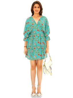 Pretty Pixie - Women Turquoise Floral Printed Mini Dress with Belt