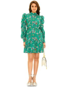 Pretty Pixie - Women Green Floral Printed Smocked Mini Dress with Belt