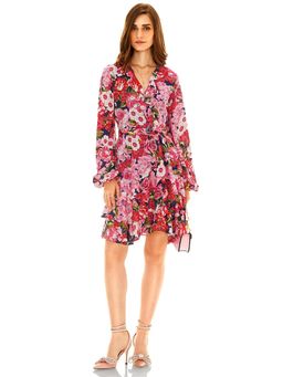 Pretty Pixie - Women Red Floral Printed Wrap Ruffle Mini Dress