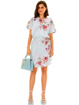 Pretty Pixie - Women Powder Blue Floral Printed Tie-Waist Mini Dress