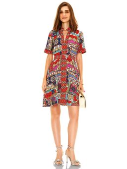 Pretty Pixie - Women Multi-Color Luxury Mosaic Printed Mini Dress with Belt