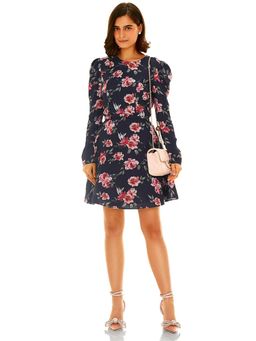 Pretty Pixie - Women Navy Blue Floral Printed Puff-Sleeves Mini Dress with Belt