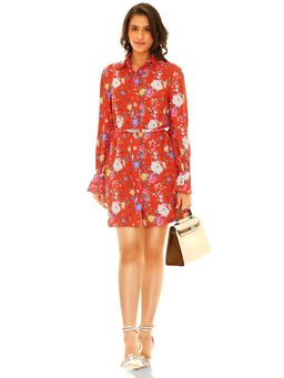 Pretty Pixie - Women Red Crimson Floral Printed Mini Dress with Belt