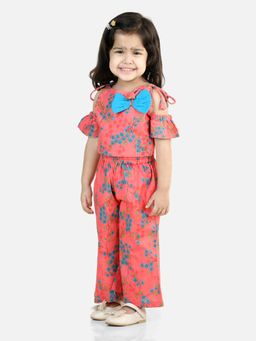 BownBee - Cold Shoulder Printed Cotton Top with Palazzo-Coral (Set of 2)