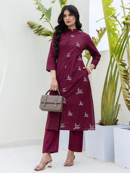 Autumnlane - Women Wine Embroidered Kurta with Pant