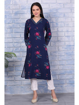 W - Navy Blue Floral Kurta For Women