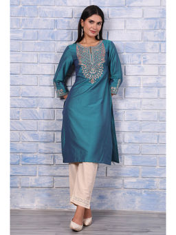 W - Teal Embroidered Kurta For Women