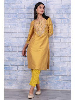 W - Yellow Embroidered Kurta For Women
